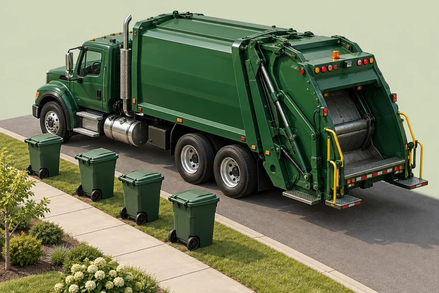 Detailed illustration of a rear-loader collection truck and residential carts