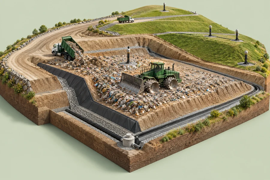 Detailed illustration of an engineered landfill and steel-wheel compactor