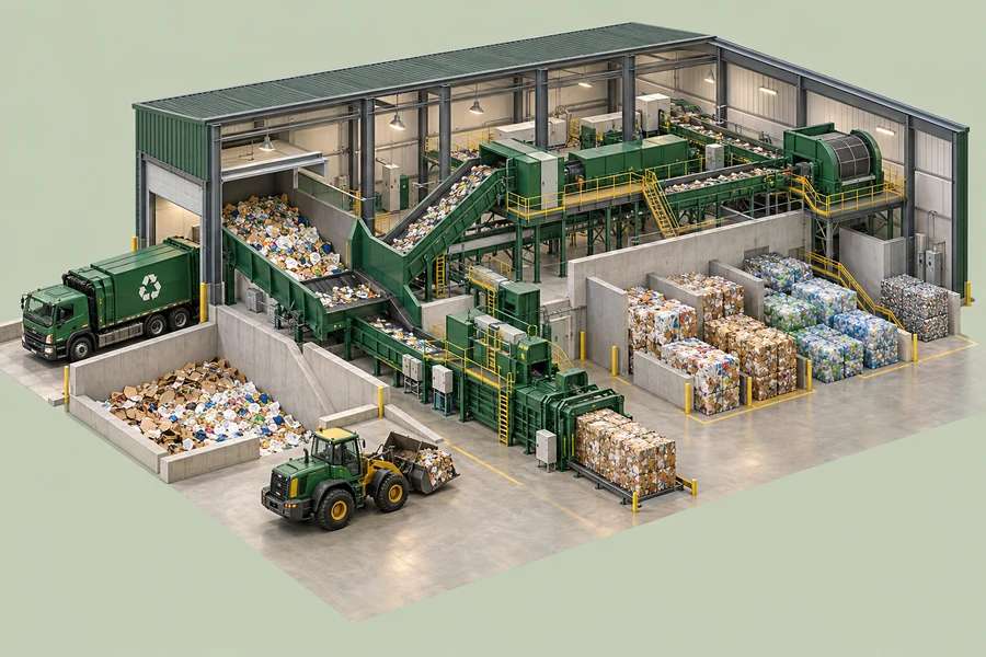 Detailed illustration of a recycling facility with conveyors and baled materials