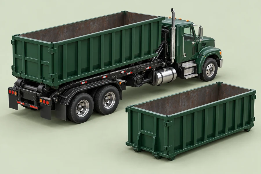 Detailed illustration of a roll-off truck and container yard