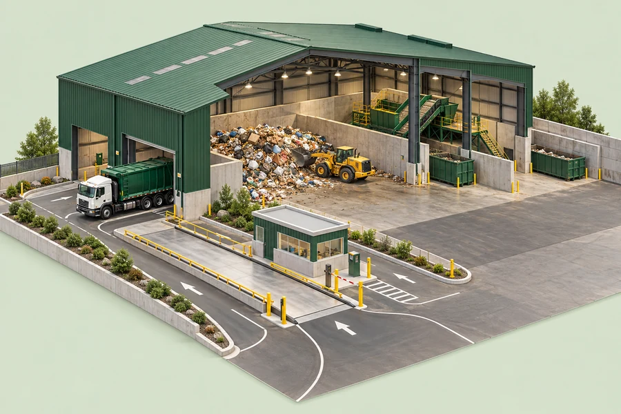 Detailed illustration of a transfer station with tipping floor and wheel loader