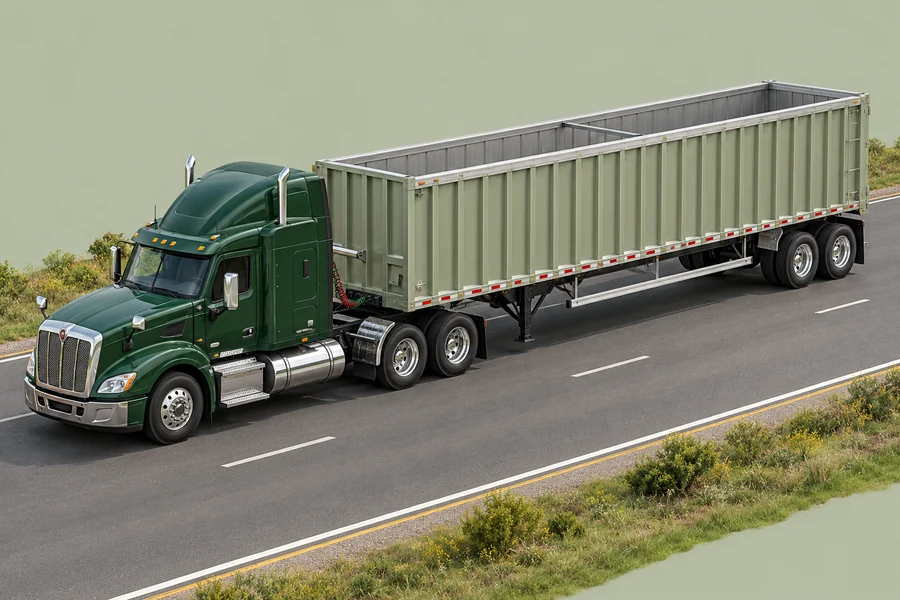 Detailed illustration of a waste transfer tractor and walking-floor trailer