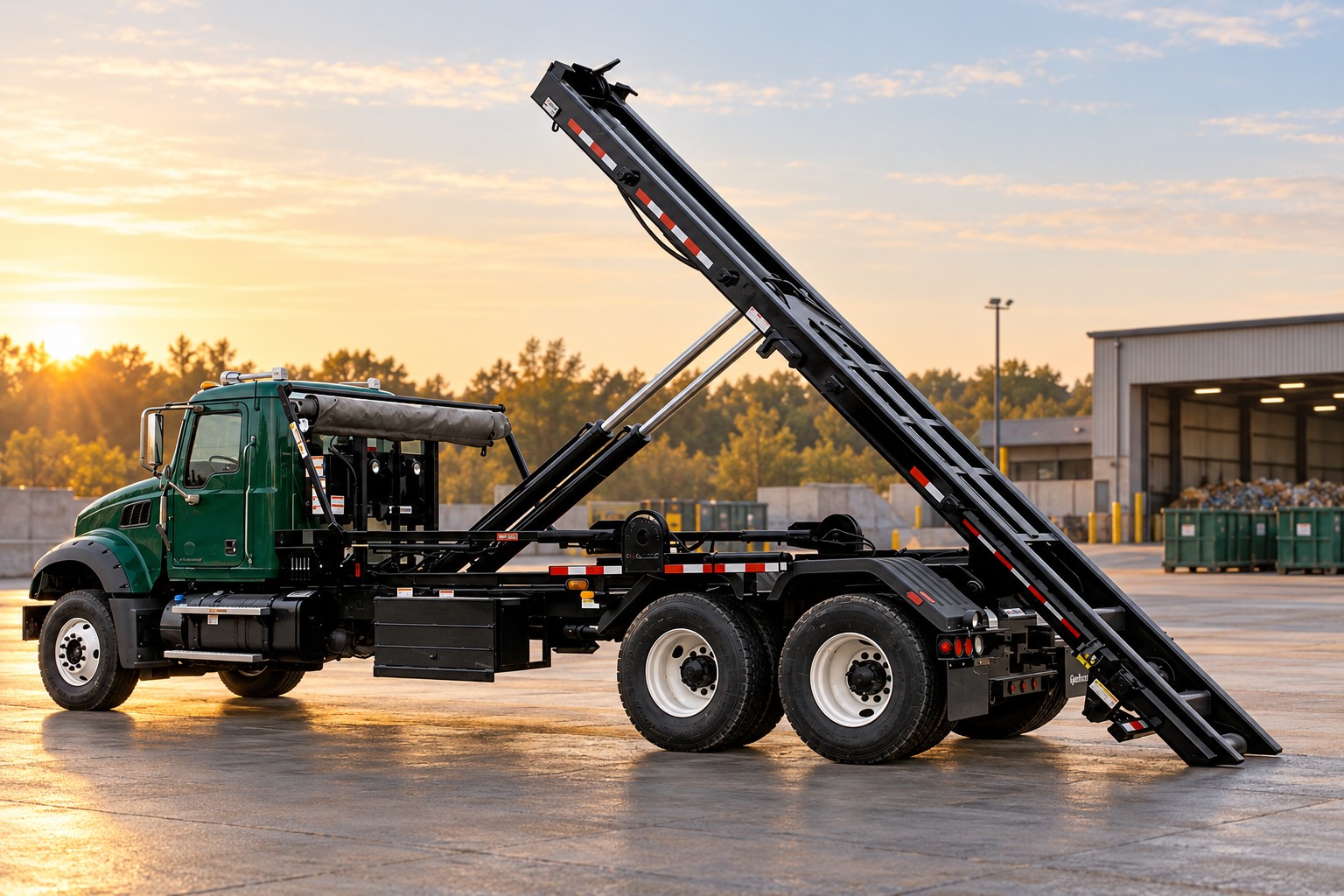 Roll-off truck with a raised cable-hoist rail bed, based on a real Galbreath equipment reference